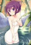  1girl bamboo bangs blurry blurry_foreground blush breasts clenched_hand commentary covering covering_breasts cowboy_shot depth_of_field eyebrows_visible_through_hair gochuumon_wa_usagi_desu_ka? hair_up head_tilt highres lantern light_frown looking_at_viewer medium_breasts naked_towel onsen parted_lips pix_mloof rock short_hair solo standing tedeza_rize tied_hair towel towel_tug wading white_towel wooden_wall 