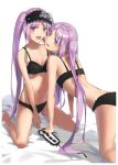  2girls absurdres all_fours back bangs bed_sheet black_bra black_panties black_ribbon bra breasts commentary_request euryale eyebrows_visible_through_hair fang fate/grand_order fate_(series) frilled_bra frilled_panties frills from_behind hairband headdress headwear_removed highres lolita_hairband long_hair looking_at_viewer looking_back medium_breasts multiple_girls navel on_bed open_mouth panties purple_hair ribbon siblings sisters sitting smile stheno tearing_up twins twintails underwear underwear_only violet_eyes wariza white_background xkirara39x 