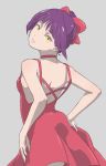  1girl absurdres bow breasts dress from_behind gegege_no_kitarou grey_background hair_bow head_tilt highres looking_back medium_breasts nekomusume nekomusume_(gegege_no_kitarou_6) parted_lips purple_hair red_bow red_dress short_hair sideboob simple_background sleeveless sleeveless_dress solo tied_hair yellow_eyes zephyranthes54 