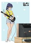  1girl absurdres black-framed_eyewear blue_background blue_eyes blue_hair full_body goodotaku grey_shorts guitar guitar_hero highres instrument looking_at_viewer medium_hair shirt shorts smile socks solo standing t-shirt television white_legwear yellow_shirt 