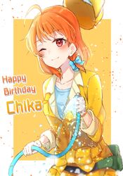  1girl ;) ahoge blue_bow blue_shirt blush bow character_name collarbone eyebrows_visible_through_hair hair_bow happy_birthday highres holding jacket love_live! love_live!_sunshine!! one_eye_closed orange_hair red_eyes shirt smile solo takami_chika upper_body yellow_bow yellow_jacket zyenokana 