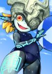  :d ball beachball black_skin blue_skin helmet imp midna multicolored multicolored_skin old_school_swimsuit one_eye_covered open_mouth pointy_ears school_swimsuit smile swimsuit the_legend_of_zelda the_legend_of_zelda:_twilight_princess two-tone_skin yellow_sclera 