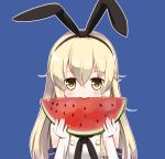  1girl blonde_hair blue_background blush eating elbow_gloves eyebrows_visible_through_hair food fruit gloves hairband holding holding_food kantai_collection linda_b long_hair looking_at_viewer parted_lips shimakaze_(kantai_collection) simple_background smile solo watermelon white_gloves yellow_eyes 