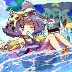  &gt;_&lt; 3girls acerola_(pokemon) barefoot beanie bikini black_hair blonde_hair blue_sky blush_stickers clouds creatures_(company) day drifblim elite_four flipped_hair food froslass game_freak gastly gen_1_pokemon gen_4_pokemon gen_7_pokemon hair_ornament hat ice_cream innertube kingin lillie_(pokemon) mimikyu mizuki_(pokemon) multiple_girls nintendo one_eye_closed open_mouth pokemon pokemon_(creature) pokemon_(game) pokemon_sm popsicle purple_bikini purple_hair red_hat short_hair sky swimsuit topknot trial_captain violet_eyes water 