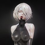  1girl 3d black_gloves black_leotard blue_eyes breasts covered_eyes elbow_gloves gloves hair_over_one_eye highres large_breasts latex latex_gloves latex_leotard leotard leslyzerosix nier_(series) nier_automata no_blindfold open_mouth solo upper_body white_hair yorha_no._2_type_b zipper 