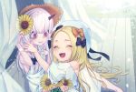  2girls :d ^_^ abigail_williams_(fate/grand_order) arm_up bad_hands bags_under_eyes bare_arms bare_shoulders black_bow blonde_hair blush bow cfm closed_eyes closed_eyes closed_mouth commentary_request curtains day dress fate/grand_order fate_(series) fingernails flower forehead hair_bow hair_flower hair_ornament hat horn lavinia_whateley_(fate/grand_order) long_hair multiple_girls off-shoulder_dress off_shoulder open_mouth orange_bow outdoors puffy_short_sleeves puffy_sleeves short_sleeves silver_hair sitting sleeveless sleeveless_dress smile transparent very_long_hair violet_eyes white_dress white_hat yellow_flower 