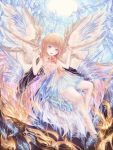  1girl angel_wings bad_leg barefoot blue_eyes blue_skirt blue_sky brown_hair full_body hands_up highres looking_at_viewer original pink_neckwear rinmmo see-through skirt sky smile solo white_wings wings 