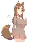 1girl :d animal_ears bangs bare_shoulders blush breasts brown_dress brown_hair collarbone cropped_legs dated dress eyebrows_visible_through_hair fox_ears fox_girl fox_tail green_eyes hand_up large_breasts long_hair maze_(gochama_ze_gohan) off-shoulder_dress off_shoulder open_mouth original short_dress signature simple_background sketch smile solo standing tail white_background 