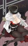  1girl azur_lane breasts cleavage gloves graf_zeppelin_(azur_lane) hat highres jacket lipstick long_hair looking_at_viewer makeup military military_hat military_uniform nero4 one_eye_closed pantyhose shoes silver_hair simple_background sitting skirt solo uniform violet_eyes 