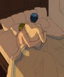  2boys akke artist_name back bed blue_hair fire_emblem fire_emblem_echoes:_mou_hitori_no_eiyuuou force_(fire_emblem) green_hair hug hug_from_behind male_focus multiple_boys paison pillow shirtless yaoi 