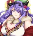  1girl breasts camilla_(fire_emblem_if) fire_emblem fire_emblem_heroes fire_emblem_if flower hair_flower hair_ornament hair_over_one_eye horns japanese_clothes kimono large_breasts looking_at_viewer nail_polish purple_hair rem_sora410 smile solo violet_eyes wavy_hair 