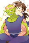  2boys :d annoyed black_eyes black_hair bug butterfly chikiko_(chiki2424) dragon_ball dragonball_z embarrassed flower happy head_wreath insect long_hair looking_at_another looking_back male_focus multiple_boys open_mouth piccolo pink_flower pointy_ears shirt simple_background sitting sleeveless sleeveless_shirt smile son_gohan sweatdrop teeth white_background yellow_flower 