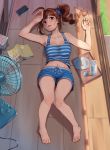  1girl ahoge barefoot blush book breasts brown_hair cellphone cleavage collarbone cup day drill_hair drinking_glass electric_fan fork idolmaster idolmaster_million_live! kamille_(vcx68) large_breasts looking_away navel open_book open_mouth outdoors phone plate short_hair side_drill smartphone solo sweat teeth thick_thighs thighs tray violet_eyes yokoyama_nao 