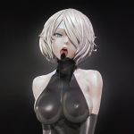  1girl 3d black_gloves black_leotard blue_eyes breasts covered_eyes elbow_gloves gloves hair_over_one_eye highres large_breasts leotard leslyzerosix nier_(series) nier_automata no_blindfold open_mouth solo upper_body white_hair yorha_no._2_type_b zipper 