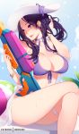  1girl ball beachball bikini breasts caitlyn_(league_of_legends) cleavage clouds hand_in_hair hat league_of_legends legs_crossed medium_breasts nail_polish nanoless pool_party_caitlyn purple_bikini purple_hair sarong sitting sky solo swimsuit violet_eyes water_gun 