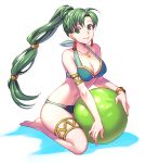  1girl armlet asymmetrical_bangs ball bangs bare_arms bare_shoulders barefoot beachball bikini blue_bikini blush bracer breasts cleavage closed_mouth collarbone commentary_request cute earrings eyebrows_visible_through_hair fire_emblem fire_emblem:_rekka_no_ken fire_emblem_heroes full_body green_eyes green_hair high_ponytail highres intelligent_systems jewelry kori_(etinop) long_hair looking_at_viewer low-tied_long_hair lyn_(fire_emblem) lyndis_(fire_emblem) medium_breasts necktie nintendo parted_lips pink_lips simple_background sitting smile solo summer super_smash_bros. swimsuit very_long_hair white_background 