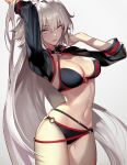  1girl absurdres arms_up bikini black_bikini black_jacket breasts cleavage cropped_jacket fate/grand_order fate_(series) grey_hair highres jacket jeanne_d&#039;arc_(alter_swimsuit_berserker) long_hair looking_at_viewer o-ring o-ring_bikini o-ring_bottom o-ring_top open_mouth shycocoa solo swimsuit very_long_hair white_background yellow_eyes 