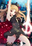  1girl :d arm_up armpits bangs bima_rahmaa blonde_hair blush breasts cape commentary_request ereshkigal_(fate/grand_order) eyebrows_visible_through_hair fate/grand_order fate_(series) gold_trim highres long_hair looking_at_viewer open_mouth parted_bangs red_eyes sideboob sketch_eyebrows smile solo tiara tohsaka_rin two_side_up v-shaped_eyebrows 
