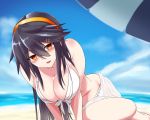  1girl beach beach_umbrella bikini black_hair blue_sky blush breasts carmine_(ucdio) eyebrows_visible_through_hair graphite_(medium) hair_ornament hairclip haruna_(kantai_collection) highres kantai_collection large_breasts long_hair looking_at_viewer mechanical_pencil ocean open_mouth orange_eyes pencil sky smile solo swimsuit traditional_media umbrella white_bikini 