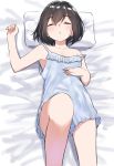  1girl :o bangs bare_arms bare_shoulders bed_sheet blue_dress blush breasts brown_hair closed_eyes collarbone commentary_request dress eyebrows_visible_through_hair facing_viewer hair_between_eyes highres lying on_back original parted_lips pillow sleeveless sleeveless_dress small_breasts solo strap_slip suzunari_shizuku yuki_arare 