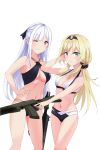  2girls ak-12_(girls_frontline) an-94_(girls_frontline) arrichee bikini blonde_hair blue_eyes breasts cleavage closed_mouth girls_frontline grey_eyes hand_in_hair highres long_hair looking_at_viewer multiple_girls silver_hair smile swimsuit tagme weapon white_background 