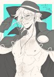  1boy abs blush edmond_dantes_(fate/grand_order) fangs fate/grand_order fate_(series) glasses hat highres looking_at_viewer male_focus monte_cristo_selection naked_coat parted_lips round_eyewear salute scar solo sweat upper_body 