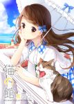  1girl animal artist_name balcony blue_bow bow braid brown_eyes brown_hair cat chin_rest commentary_request cover cover_page day doujin_cover frilled_umbrella hair_bow hazuki_natsu holding holding_umbrella leaning long_hair looking_at_viewer original outdoors parasol plaid plaid_skirt railing shirt short_sleeves skirt solo umbrella white_shirt white_umbrella yawning 