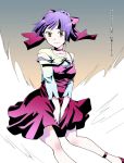  1girl between_legs bow choker collarbone dress gegege_no_kitarou hair_bow hand_between_legs nekomusume nekomusume_(gegege_no_kitarou_6) pinafore_dress purple_hair red_bow red_dress shirt short_dress short_hair sleeveless sleeveless_dress solo tied_hair white_shirt yellow_eyes 