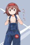  1girl blue_background breasts brown_eyes brown_hair enjaku_izuku feet_out_of_frame grin hairband highres kantai_collection looking_at_viewer naked_overalls overalls red_hairband school_uniform serafuku shiratsuyu_(kantai_collection) short_hair small_breasts smile solo suspender_pull 