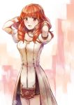  1girl arms_up celica_(fire_emblem) detached_collar dress fire_emblem fire_emblem_echoes:_mou_hitori_no_eiyuuou hairband hands_in_hair highres long_hair open_mouth red_eyes redhead solo standing white_dress yukimiyuki 
