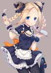  1girl :p abigail_williams_(fate/grand_order) alternate_hairstyle apron bandaid bandaid_on_face bandaid_on_forehead black_footwear black_legwear blonde_hair blue_eyes blush bow braid breasts butterfly_hair_ornament cleavage cleavage_cutout commentary_request cup double_bun dress earrings fate/grand_order fate_(series) frilled_apron frilled_dress frills grey_background hair_ornament hair_scrunchie highres holding holding_tray jewelry ko_yu leg_up long_hair looking_at_viewer maid orange_bow pantyhose polka_dot polka_dot_bow scrunchie shoes short_sleeves sidelocks simple_background small_breasts solo standing standing_on_one_leg striped striped_legwear tongue tongue_out tray twin_braids twintails vertical-striped_legwear vertical_stripes wrist_cuffs 