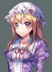  1girl bangs blonde_hair blush closed_mouth eyebrows_visible_through_hair gem_oblivion hair_between_eyes hat hat_ribbon long_hair looking_at_viewer maribel_hearn mob_cap ribbon simple_background smile solo touhou violet_eyes 