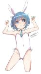  1girl :o animal_ears arms_up bangs bare_arms bare_shoulders blue_eyes blue_hair blush covered_navel cropped_legs dated detached_collar diagonal-striped_neckwear diagonal_stripes eyebrows_visible_through_hair head_tilt leotard looking_at_viewer maze_(gochama_ze_gohan) necktie original parted_lips rabbit_ears signature simple_background sketch solo standing strapless strapless_leotard striped striped_neckwear white_background white_collar white_leotard 