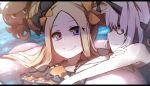  2girls abigail_williams_(fate/grand_order) absurdres animal bags_under_eyes bangs bare_arms bare_shoulders bikini black_bikini black_bow blonde_hair blue_eyes bow closed_mouth collarbone day double_bun emerald_float eyebrows_visible_through_hair fate/grand_order fate_(series) hair_bow halter_top halterneck highres innertube lavinia_whateley_(fate/grand_order) long_hair multiple_girls octopus orange_bow outdoors parted_bangs pink_innertube profile red_eyes side_bun silver_hair smile swimsuit wada_kazu water wavy_mouth wide-eyed 