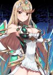  1girl armor armpits bangs bare_shoulders blonde_hair breasts cleavage cleavage_cutout dress gem gloves headpiece mythra_(xenoblade) large_breasts lo_xueming long_hair looking_at_viewer solo swept_bangs sword tiara weapon xenoblade xenoblade_(series) xenoblade_2 yellow_eyes 