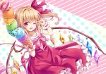  ;d arm_up bangs blonde_hair blush bow collarbone commentary_request crystal diagonal-striped_background diagonal_stripes dress eyebrows_visible_through_hair flandre_scarlet food frilled_dress frills hair_between_eyes hair_bow holding holding_food ice_cream ice_cream_cone kure~pu long_hair one_eye_closed one_side_up open_mouth pink_bow polka_dot polka_dot_background red_bow red_dress red_eyes sailor_collar sailor_dress smile striped striped_background touhou v_over_eye white_sailor_collar wings wrist_cuffs 
