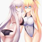 2girls ahsiu ass bespectacled between_breasts bikini black_bikini blonde_hair blue_eyes breasts competition_school_swimsuit fate/apocrypha fate/grand_order fate_(series) female_ass glasses gluteal_fold highres impossible_clothes impossible_swimsuit jeanne_d&#039;arc_(alter)_(fate) jeanne_d&#039;arc_(alter_swimsuit_berserker) jeanne_d&#039;arc_(fate) jeanne_d&#039;arc_(fate)_(all) long_hair looking_at_viewer looking_back multiple_girls side_ponytail silver_hair simple_background smile swimsuit thigh_gap whistle white_background white_swimsuit yellow_eyes