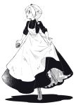  1girl apron braid brush dress frills goshi-san highres holding long_dress maid maid_apron maid_headdress monochrome original short_twintails sleeves_rolled_up solo twin_braids twintails white_background 