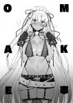  1girl :q bb_(fate/extra_ccc) bead_bracelet beads bikini blush bracelet breasts covered_nipples earrings fate/grand_order fate_(series) fingerless_gloves garter_belt gloves groin hair_ribbon jaga_yamatarawo jewelry large_belt large_breasts long_hair looking_at_viewer monochrome navel ribbon simple_background smile solo star star_earrings swimsuit tan tongue tongue_out white_background 