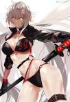  1girl ahoge anger_vein bikini black_bikini black_jacket breasts cleavage collarbone cowboy_shot cropped_jacket fate/grand_order fate_(series) jacket jeanne_d&#039;arc_(alter)_(fate) jeanne_d&#039;arc_(alter_swimsuit_berserker) jeanne_d&#039;arc_(fate)_(all) large_breasts long_hair looking_at_viewer o-ring pvc_parfait silver_hair simple_background solo swimsuit sword twitter_username weapon white_background yellow_eyes 