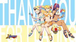  3girls alia_(rockman) android artist_request bikini blonde_hair blue_eyes bracelet breasts closed_mouth cup dark_skin food frilled_bikini_top front-tie_bikini front-tie_top full_body hair_over_eyes headgear headset highres hime_cut ice_cream ice_cream_cone jewelry knees_together_feet_apart large_breasts layer legs_crossed lips long_hair mole multiple_girls navel official_art open_mouth palette_(rockman) popsicle purple_hair robot_ears rockman rockman_x sandals sarong sitting smile swimsuit under_boob zero_(rockman) 