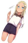  1girl bangs black_shorts blonde_hair blue_eyes blush closed_mouth cropped_legs dark_skin dated dutch_angle forehead hair_ornament hairclip hand_up long_hair looking_at_viewer maze_(gochama_ze_gohan) original parted_bangs shirt short_shorts short_sleeves shorts signature simple_background sketch solo standing very_long_hair white_background white_shirt wide_sleeves 