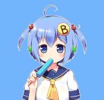  1girl ahoge blue_background blue_hair blush eyebrows_visible_through_hair food hair_bobbles hair_ornament linda_b linda_b_(linda_b) looking_at_viewer original popsicle short_hair short_sleeves short_twintails simple_background solo twintails upper_body 