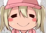  1girl =_= artist_name blonde_hair blush blush_stickers closed_eyes commentary_request doyagao employee_uniform eosinophil_(hataraku_saibou) face happy hat hataraku_saibou pink_hat pink_shirt shirt smile smug sou_(soutennkouchi) sweatdrop twintails uniform 