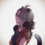  1girl american_beaver_(kemono_friends) animal_ears antenna_hair beaver_ears beaver_tail black_gloves black_hair bright_pupils brown_eyes elbow_gloves extra_ears from_side fur_collar gloves grey_hair hair_ornament hairclip highres kemono_friends long_hair multicolored_hair nose open_mouth profile silver_hair solo tail tail_raised takami_masahiro white_pupils 