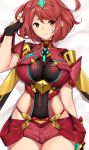  1girl bangs bed_sheet black_gloves breasts closed_eyes commission covered_navel dakimakura earrings eyebrows_visible_through_hair fingerless_gloves gloves pyra_(xenoblade) jewelry large_breasts looking_at_viewer micro_shorts red_eyes red_shorts redhead short_hair shorts solo swept_bangs tiara tony_guisado xenoblade_(series) xenoblade_2 