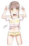  &gt;:) 1girl arms_up bangs bare_shoulders bikini bikini_shorts bikini_under_clothes blush braid collarbone cropped_legs dated double_v eyebrows_visible_through_hair green_eyes light_brown_hair long_hair maze_(gochama_ze_gohan) navel original shirt short_shorts shorts signature simple_background sketch solo standing swimsuit tied_shirt v v-shaped_eyebrows white_background white_shirt yellow_bikini yellow_shorts 