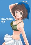  1girl akiyama_yukari backwards_hat baseball_cap blue_background blue_hat breasts brown_eyes brown_hair camouflage_bikini_top character_name cleavage commentary dated english eyebrows_visible_through_hair from_side girls_und_panzer green_bikini_top hand_on_headwear happy_birthday hat looking_at_viewer looking_back medium_breasts messy_hair miniskirt mutsu_(layergreen) open_mouth pleated_skirt short_hair skirt smile solo standing white_skirt 