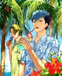  2boys akke alternate_costume black_hair blue_eyes blue_hair coconut_tree collared_shirt cup dappled_sunlight drink drinking_glass drinking_straw eating fire_emblem fire_emblem_echoes:_mou_hitori_no_eiyuuou floral_print flower food force_(fire_emblem) green_eyes green_hair hawaiian_shirt hibiscus holding holding_drinking_glass hurricane_glass ice_cream ice_cream_cone leaf looking_at_viewer looking_away male_focus multicolored_hair multiple_boys ocean open_mouth outdoors paison palm_tree partially_unbuttoned pineapple_slice plant shirt short_sleeves sunlight teeth tree tropical_drink two-tone_hair upper_body waffle_cone water 