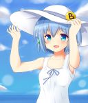  1girl blue_eyes blue_hair blush collarbone erniang eyebrows_visible_through_hair hat linda_b_(linda_b) looking_at_viewer open_mouth original short_hair short_twintails smile solo sun_hat twintails white_hat 